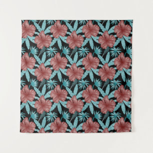 Red flowers tropical seamless pattern &blue leaves tapestry