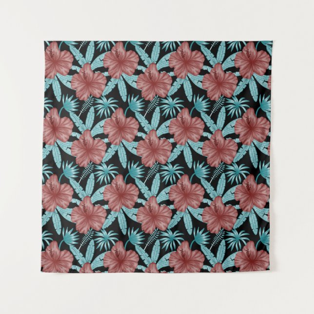 Red flowers tropical seamless pattern &blue leaves tapestry (Front)
