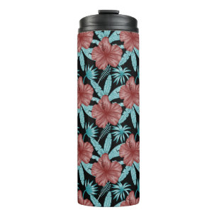 Red flowers tropical seamless pattern &blue leaves thermal tumbler