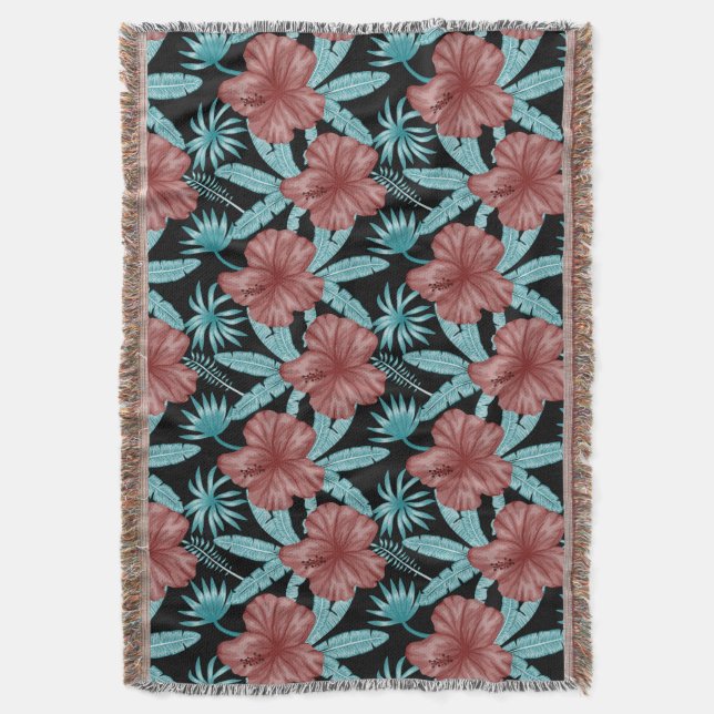 Red flowers tropical seamless pattern &blue leaves throw blanket (Front Vertical)