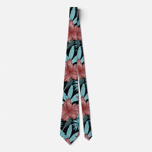 Red flowers tropical seamless pattern &blue leaves tie (Front)