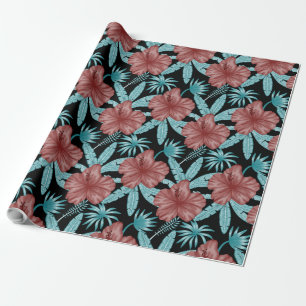 Red flowers tropical seamless pattern &blue leaves wrapping paper