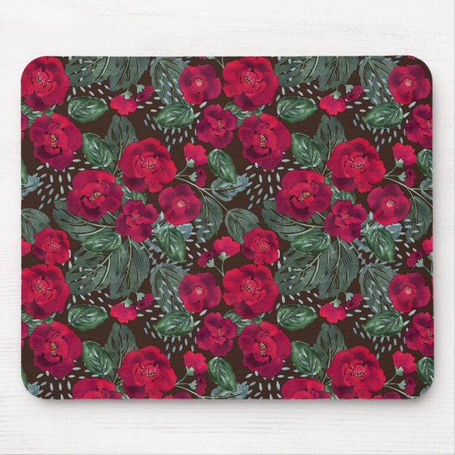 Red flowers, watercolor floral pattern. mouse pad (Front)