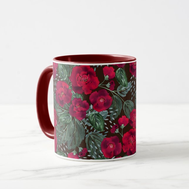 Red flowers, watercolor floral pattern. mug (Front Left)