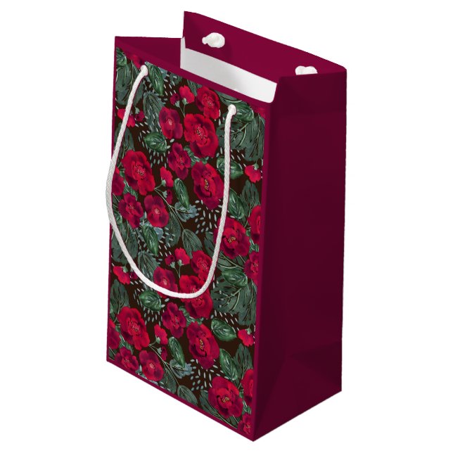 Red flowers, watercolor floral pattern. small gift bag (Back Angled)