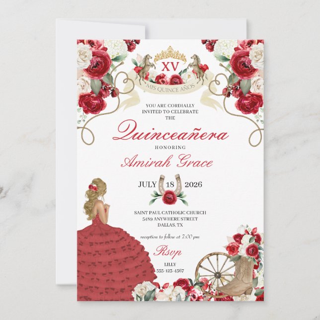 Red Flowers Western Cowgirl Quinceañera Invitation (Front)