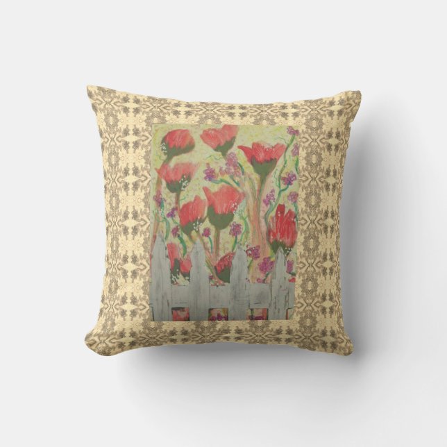 Red Flowers White Fence Cushion (Front)