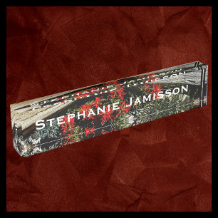 Red Flowers, Wildflowers and Wood, Name, Acrylic Nameplate