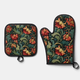 Red Flowers William Morris  Oven Mitt & Pot Holder Set