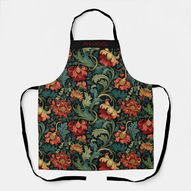 Red Flowers William Morris Personalize Apron (Front)