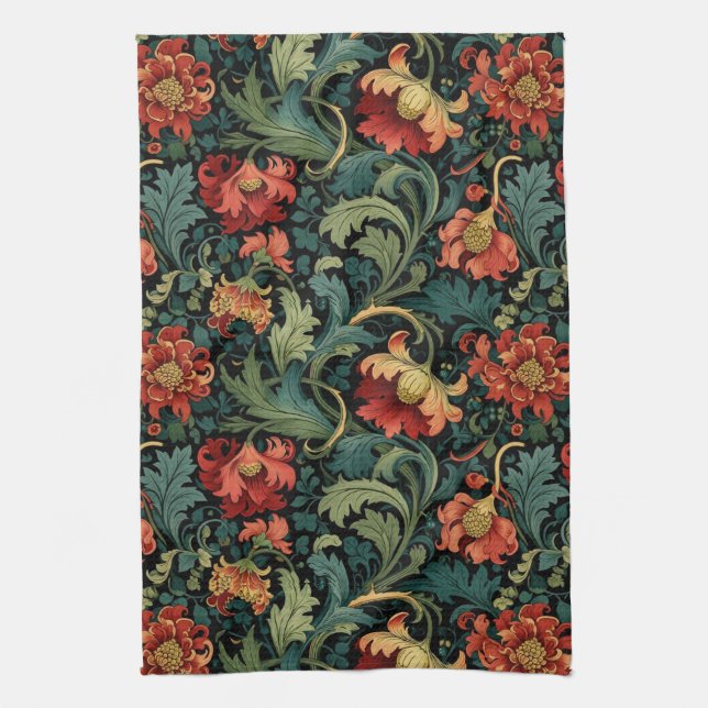 Red Flowers William Morris  Tea Towel (Vertical)