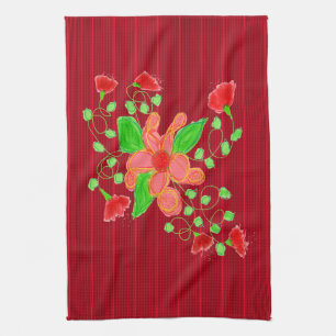 Red Flowers With Black Pinstripe Tea Towel