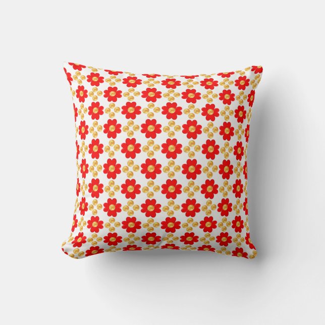 Red Flowers with Golden Dots on White Cushion (Front)
