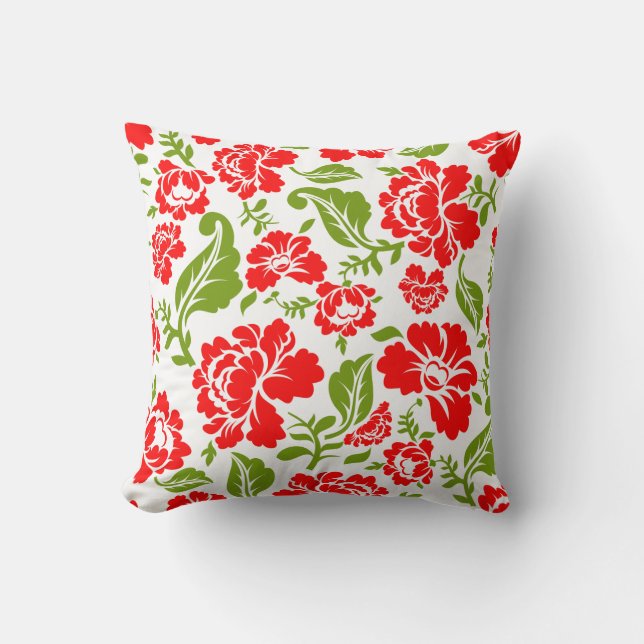 Red flowers with green leaves create a vibrant cushion (Front)