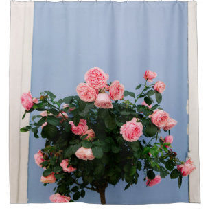 Red flowers with green leaves on blue wall shower curtain