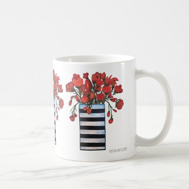 Red Flowers with Striped Vase Fine Art Coffee Mug (Right)