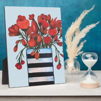 Red Flowers with Striped Vase Fine Art Plaque