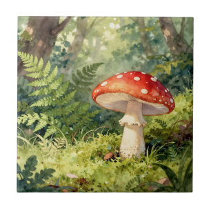 Red Fly Agaric Mushroom Watercolor Forest Scene Ceramic Tile