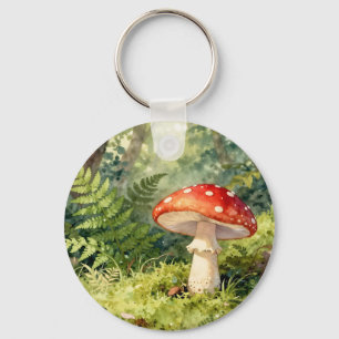 Red Fly Agaric Mushroom Watercolor Forest Scene Key Ring