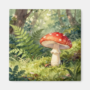 Red Fly Agaric Mushroom Watercolor Forest Scene Magnet