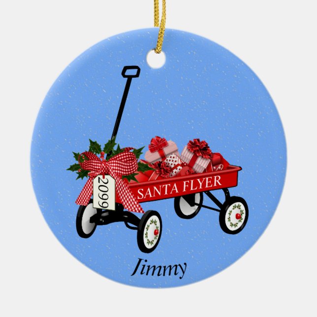 Red Flyer Wagon Ceramic Christmas Personalised Ornament (Front)