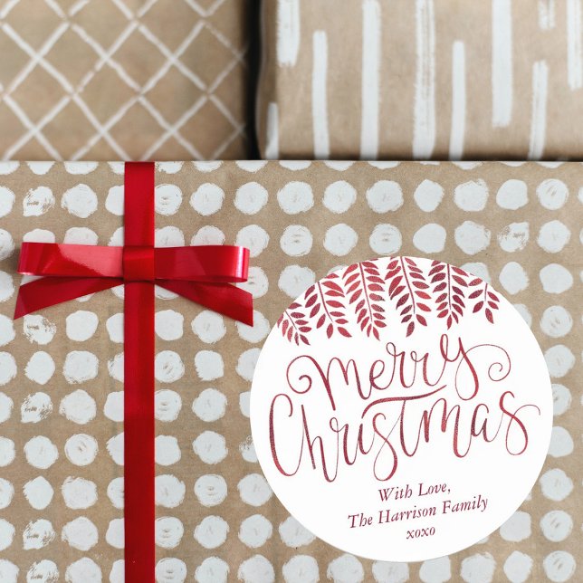 Red Foil Effect Typography Merry Christmas Classic Round Sticker (Creator Uploaded)