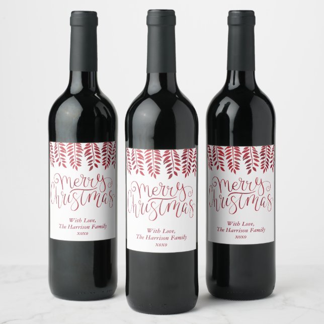 Red Foil Effect Typography Merry Christmas Wine Label (Bottles)