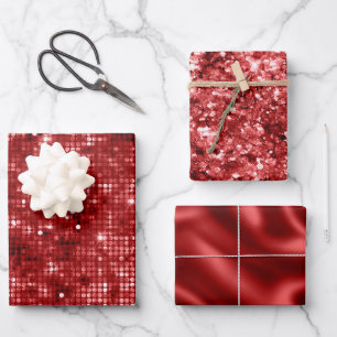 Red Foil Holiday Satin and Glitter Christmas Wrapping Paper Sheet