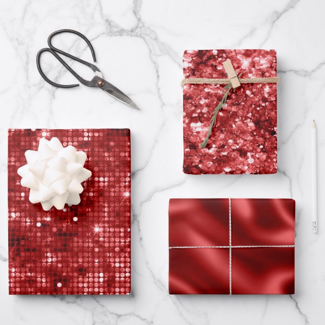Red Foil Holiday Satin and Glitter Christmas Wrapping Paper Sheet (Front)