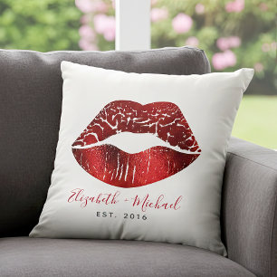 Red Foil Lips Custom Names Script Bold Modern Glam Cushion