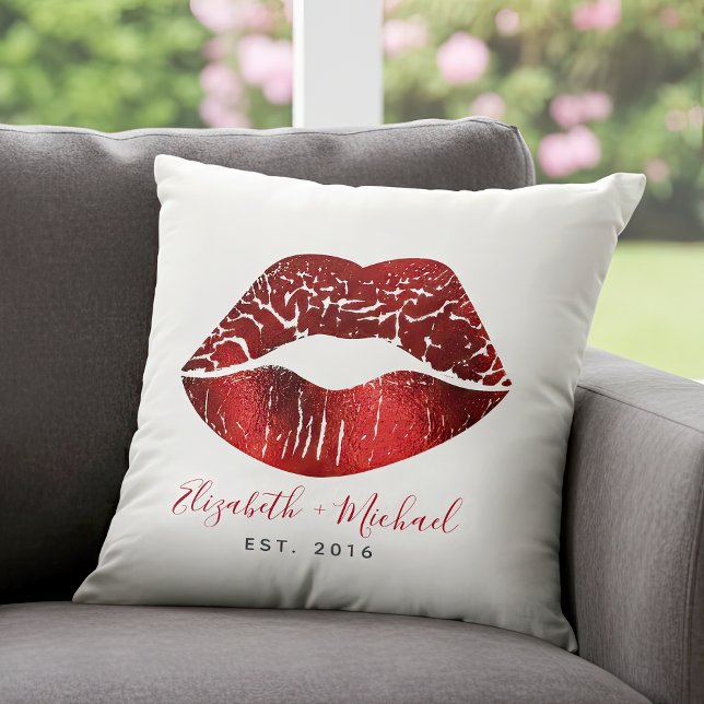 Red Foil Lips Custom Names Script Bold Modern Glam Cushion (Creator Uploaded)