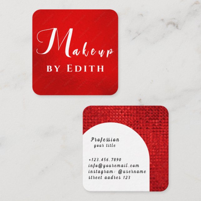 Red Foil Luxury Glitter Marble Makeup Square Business Card (Front/Back)