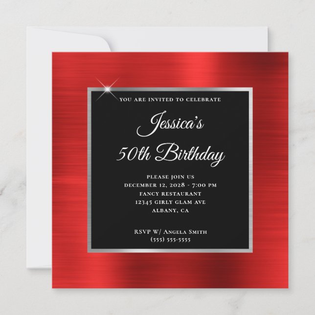 Red Foil Silver and Black Overlay 50th Birthday Invitation (Front)