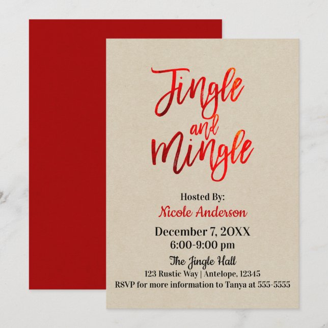 Red Foil Sleek Shine Modern Jingle & Mingle Party Invitation (Front/Back)
