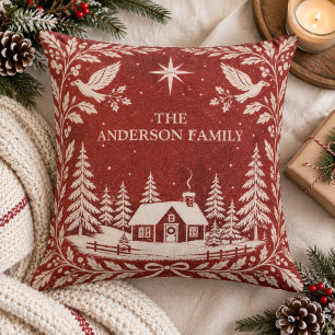 Red Folk Art Block Print Winter Cabin Holiday Cushion