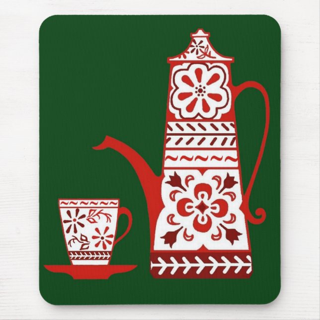 Red folk, delft, coffee/tea pot and cup mouse pad (Front)