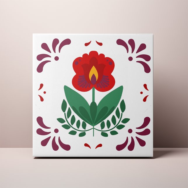 Red Folk Flower Azulejo Ceramic Tile (Creator Uploaded)