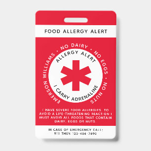 Red Food Allergy Alert Child ID Badge
