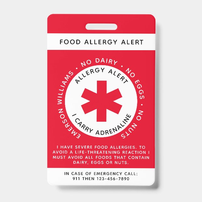 Red Food Allergy Alert Child ID Badge (Front)