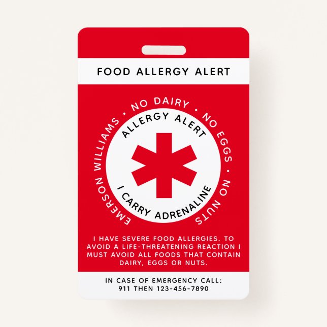 Red Food Allergy Alert Child ID ID Badge (Front)