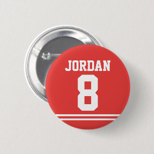 Red Football Jersey with Custom Name and Number 6 Cm Round Badge
