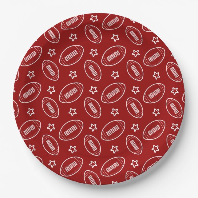 Red Football Sports Pattern Game Day Party Paper Plate (Front)