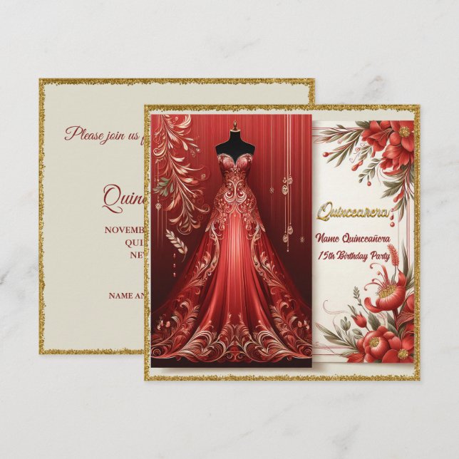Red Formal Long Dress Quinceañera Birthday Invite (Front/Back)