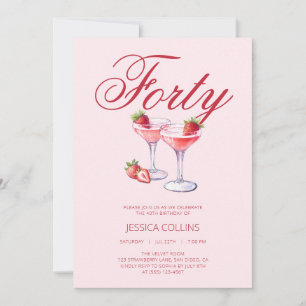 Red Forty Strawberry Cocktail 40th Birthday Party Invitation