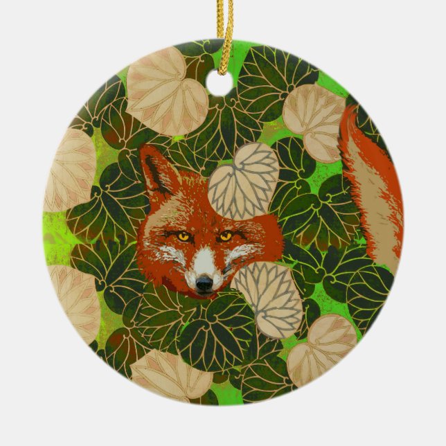 RED FOX AMONG THE GREEN LEAVES AND FOLIAGE  CERAMIC ORNAMENT (Front)