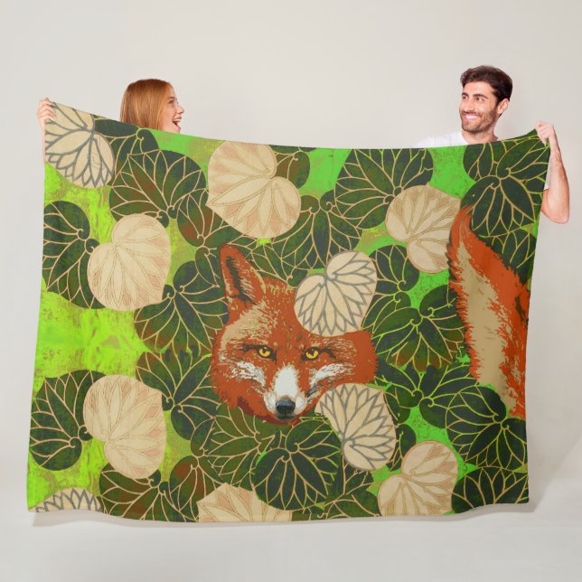 RED FOX AMONG THE GREEN LEAVES AND FOLIAGE FLEECE BLANKET (In Situ)