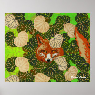 RED FOX AMONG THE GREEN LEAVES AND FOLIAGE POSTER