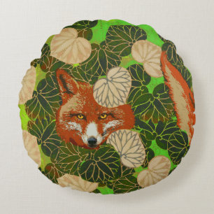 RED FOX AMONG THE GREEN LEAVES AND FOLIAGE ROUND CUSHION