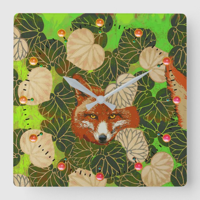 RED FOX AMONG THE GREEN LEAVES AND FOLIAGE SQUARE WALL CLOCK (Front)