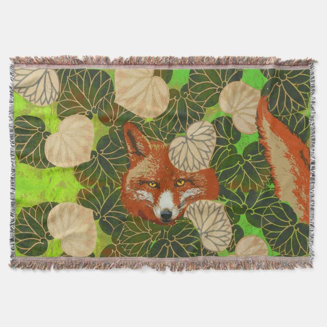 RED FOX AMONG THE GREEN LEAVES AND FOLIAGE THROW BLANKET (Front)